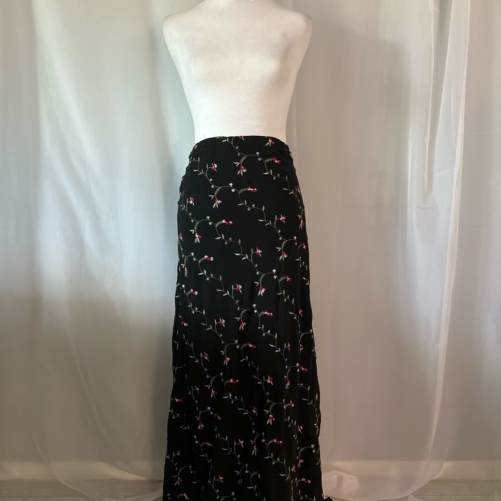 Floral Black Vintage Silk Maxi Skirt